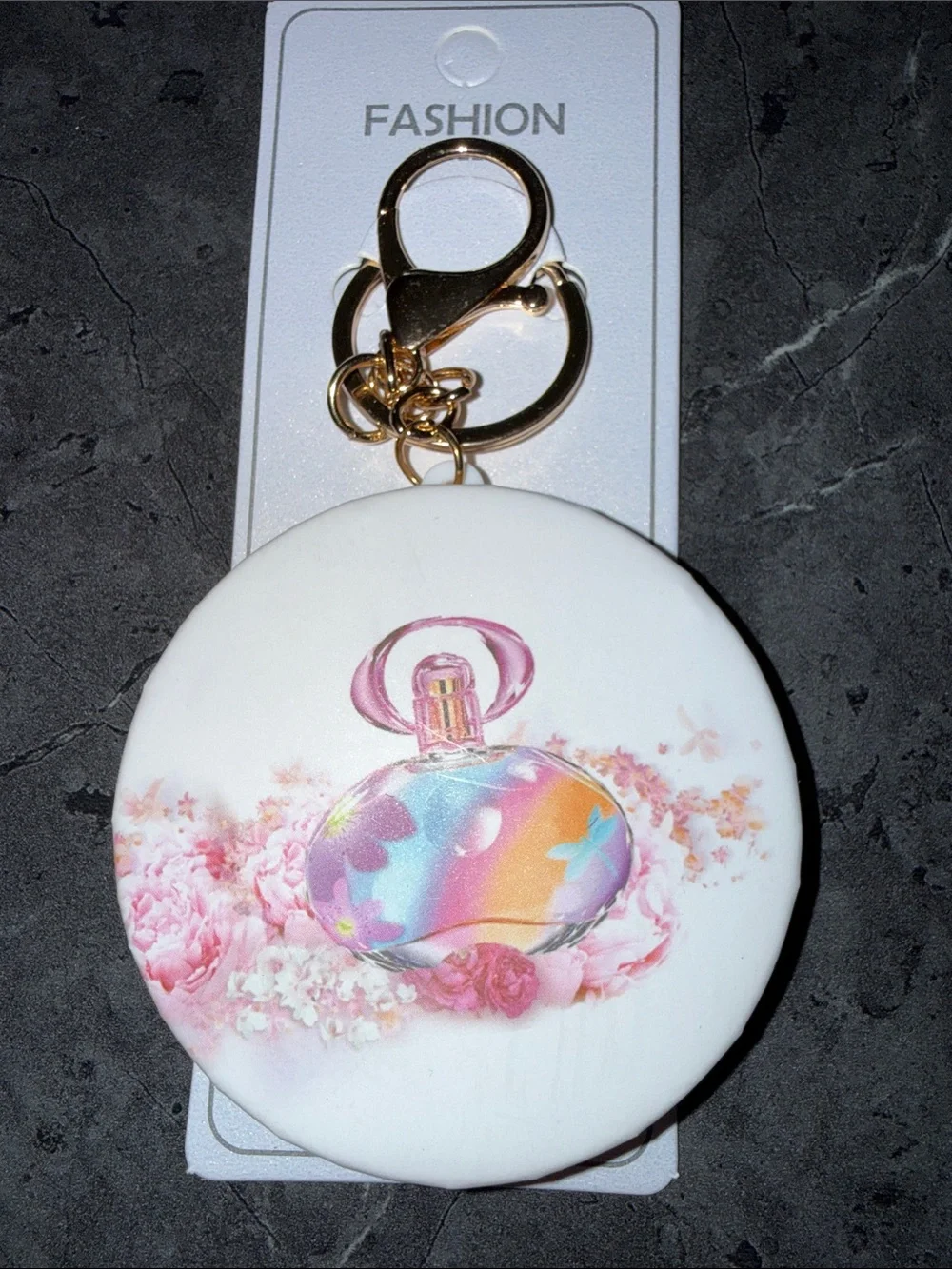 Fashion White Keychain Mirror with Rainbow Perfume Bottle Design